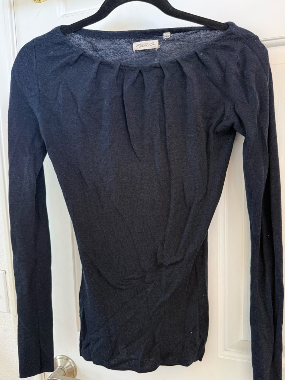 Martin + Osa Navy Long-Sleeve Scoop-Neck Top with Front Pleats